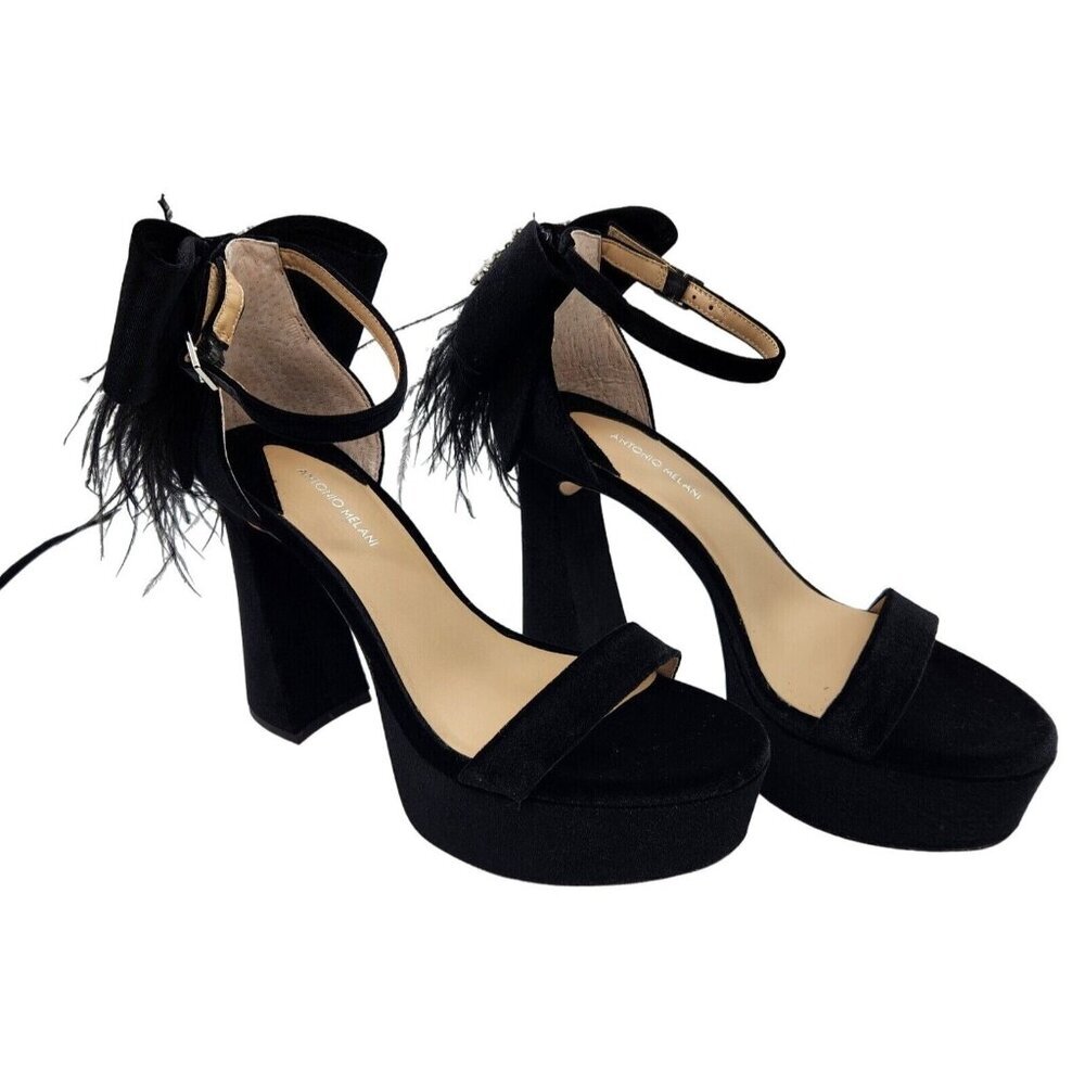 Antonio Melani Platform Sandals Size 8.5 Black Velvet feathers Rhinestone 661